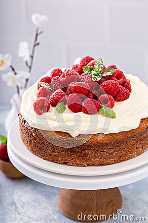 Simple summer cake with raspberries and frosting Stock Photo