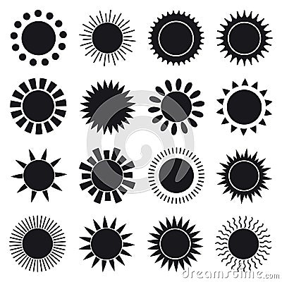 Simple Sun Icons. Sign and Symbol. Black Silhouette. Vector Illustration