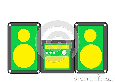 A simple symbol shape of a green yellow home sound entertainment system radio white backdrop Cartoon Illustration