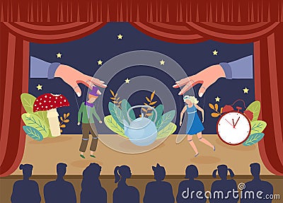 Simple theater puppet show, vector illustration. Performance marionettes actors on stage, large hands pulling threads Vector Illustration
