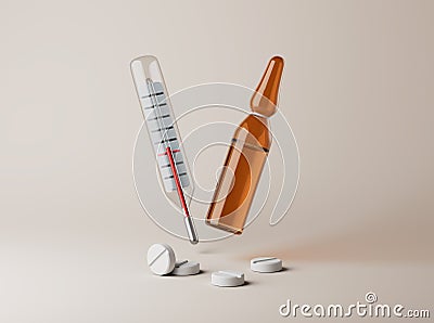 Simple thermometer, ampule and pills on floor 3d render illustration. Cartoon Illustration