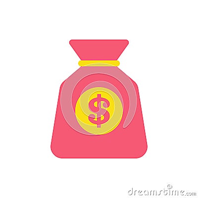 Simple tied red sack full cash money with yellow circle dollar emblem vector flat illustration Vector Illustration