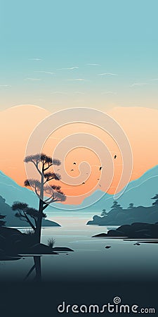 Minimalistic Chinese Landscape Illustration: Tranquil Bight With Tundras And Trees Cartoon Illustration