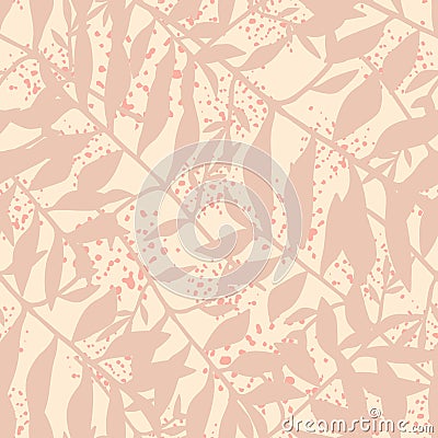 Simple tropical seamless pattern with leaf branches. Pastel foliage silhouettes stylized artwork in pink tones Cartoon Illustration