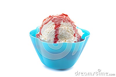 A Simple Vanilla Sundae with Strawberry Sauce Isolated on a White Background Stock Photo