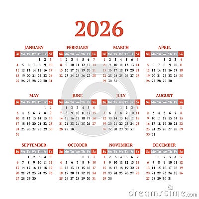 Simple vector calendar on 2026. Start from Sunday Vector Illustration