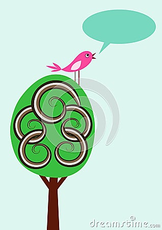 Simple vector card with cute tree and bird Vector Illustration