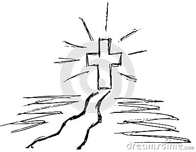 Simple vector grunge sketch of the Way to Faith. Black and white outline illustration of a path and a glowing cross at the end of Vector Illustration