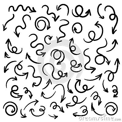 Simple vector hand drawn arrow set. Round, zigzag, curve, spiral shapes. Signs and symbols for website, banner design Vector Illustration