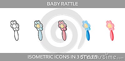 Simple Vector Icons of a classic baby rattle for a boy and a girl in three styles. Vector Illustration