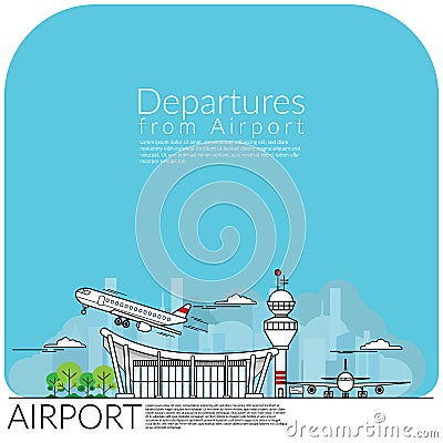 Simple vector illustration of airplane take off for departures from airport terminal and airplane parking at airfield. Vector Illustration