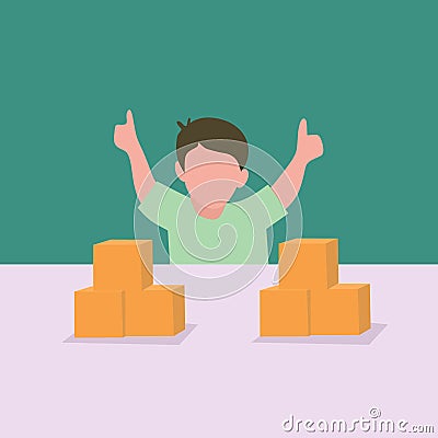 Simple Vector illustration background about a young happy boy playing a stack of puzzle blocks on a table and giving thumbs-up Vector Illustration