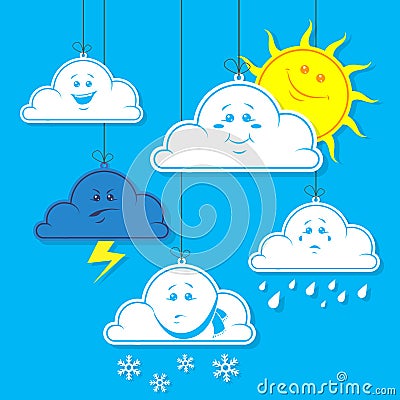 Simple vector illustration of a cartoon flat art clouds with a different mood and the weather on a blue background Cartoon Illustration