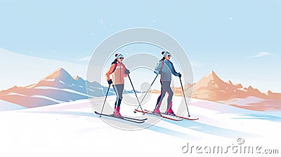 simple vector illustration, copy space, simple colors, 2 persons cross-country skiing. Illustration for publicity on a ski resort Cartoon Illustration