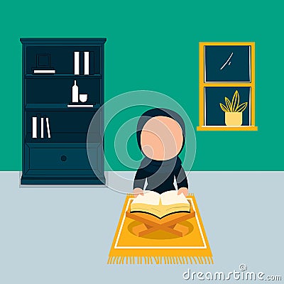 Simple Vector illustration drawing of Asian Indonesian Muslim kid is reading the Qurâ€™an. The Qurâ€™an is indicated as the guided Vector Illustration