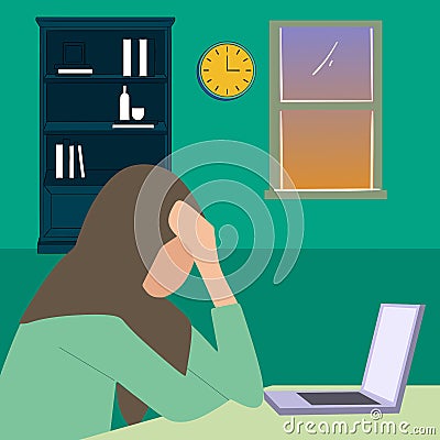 Simple Vector illustration drawing of Working Stress. Portrait Of Upset Islamic Woman In Hijab Sitting At Desk With Laptop, Tired Vector Illustration