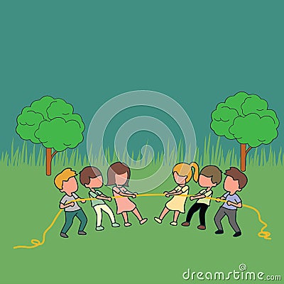 Simple Vector illustration about a group of children playing tug of war. Kids playing tug of war at the park. Girls and boys pull Vector Illustration