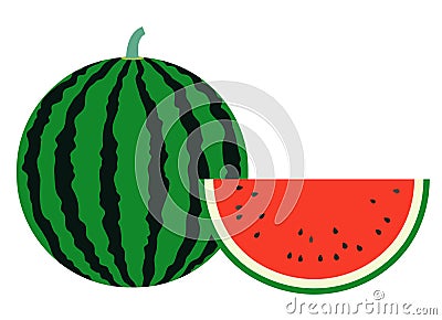 A simple vector illustration of a typical summer fruit, a large striped watermelon and a red watermelon cut in half moons. Vector Illustration