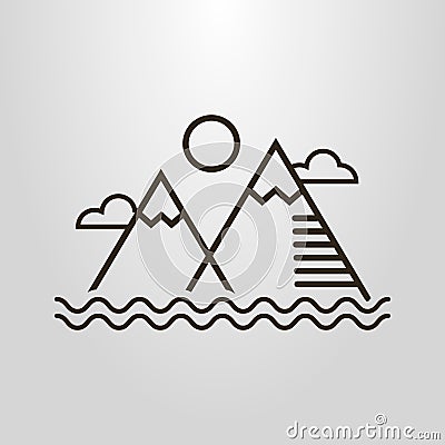 Simple vector line art pictogram of simple landscape with mountains, water waves, clouds and sun Vector Illustration