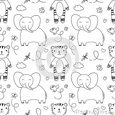 Simple vector pattern with African animals, elephant and tiger, bird, tropical trees and leafs print. funny linear Vector Illustration