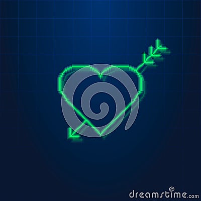 Simple vector pixel art illustration of green led light heart pierced by a cupids arrow Vector Illustration