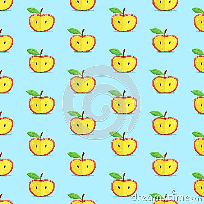 Vector pixel art multicolor endless pattern of red apple cut in half. seamless pattern of red apples Vector Illustration