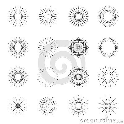 Simple vector retro fireworks or vintage shine radiant burst light sunbeam set Vector Illustration