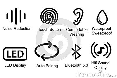 Simple Vector Set, noise reduction, touch button, bluetooth, auto pairing, isolated on white Vector Illustration