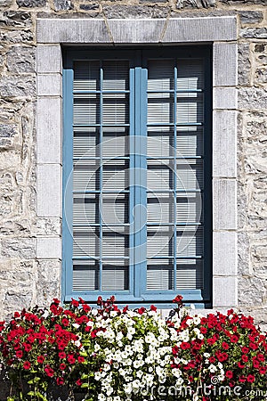 Simple vertical picture of stone covered window with flower variations in front Stock Photo