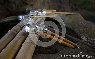 Simple water spoon in the japan temple. Stock Photo