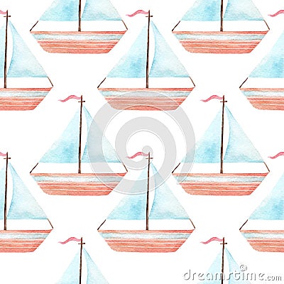 Simple watercolor toy sail boat seamless pattern Cartoon Illustration