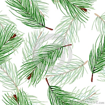 Simple watercolor winter pattern of green fir branches on a white background. Christmas hand drawn endless backdrop Vector Illustration