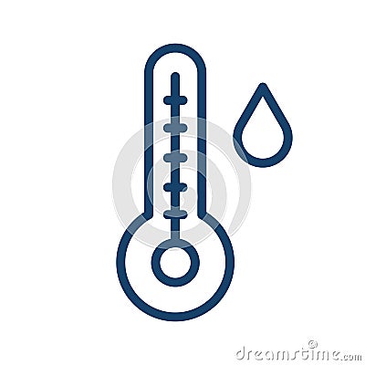 Simple weather icon in line art style with mercury thermometer and water drop. Temperature and humidity level. Linear Vector Illustration
