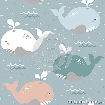 Simple whale seamless childish pattern in blue, white, pink and green colour. Hand drawn repeat pattern for wrapping, fabrik. Vector Illustration
