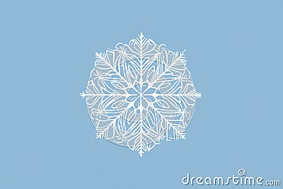 A simple white line drawing of a snowflake, with symmetrical patterns and delicate lines. The Stock Photo