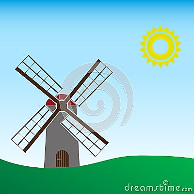 Simple wind mill landscape sunny day Vector Illustration