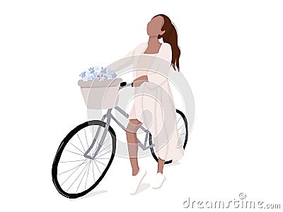 Simple woman on bike illustration. Flat girl on bicycle modern lifestyle leisure. Urban activity. Vector adventure Vector Illustration