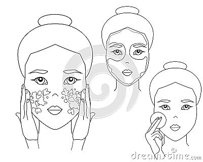 Simple woman face. Asian girl puts on a face mask and washing face. Skin care procedures Vector Illustration