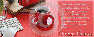 Simple workspace coffee cup putting on red table. Stock Photo