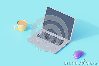 Simple workspace with laptop mouse and glass of coffee. 3d render illustration Cartoon Illustration