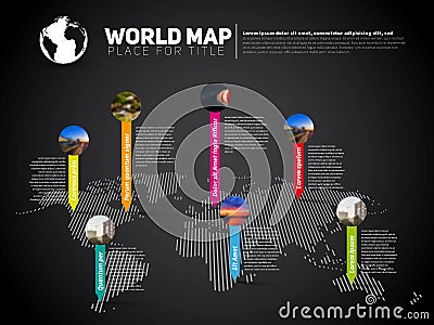 Simple World map infographic template with pointer marks, dark v Stock Photo