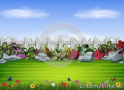 The simple yard with the fence and big stone Vector Illustration