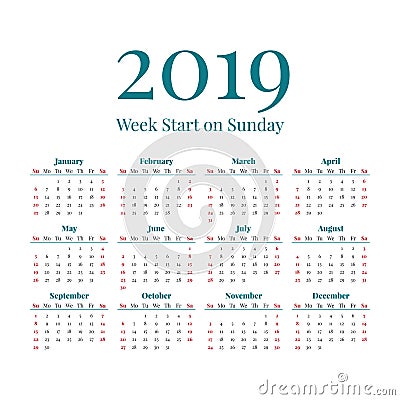 Simple 2019 year calendar Vector Illustration