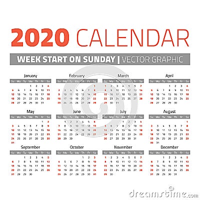 Simple 2020 year calendar Vector Illustration