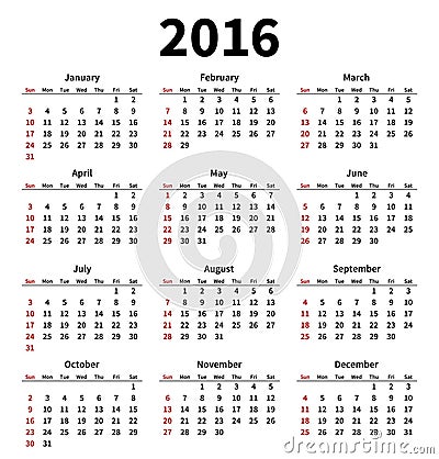 Simple 2016 year calendar on white background Vector Illustration