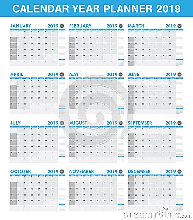 Simple 2019 year planner calendar set of all month Vector Illustration