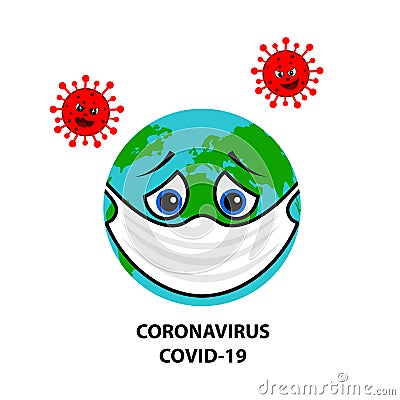 Sad Earth with medical mask fights against coronavirus. Vector Illustration