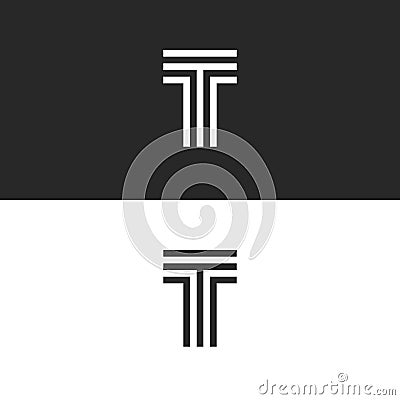 Simplest logo T letter monogram, capital letter initial linear minimal style typography design element, black and white parallel Vector Illustration