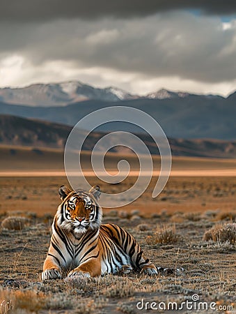 In the simplicity of the flat plain, the tiger finds a peaceful dominion, free and unbounded Cartoon Illustration