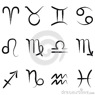 Simplicity hand drawn all twelve zodiac symbols with names, black ink isolated Vector Illustration